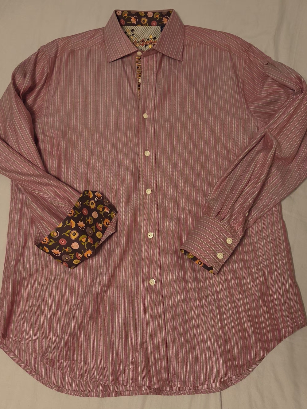 Robert Graham Men Large Button Down Shirt Pink Striped Floral Cuffs Embroidered
